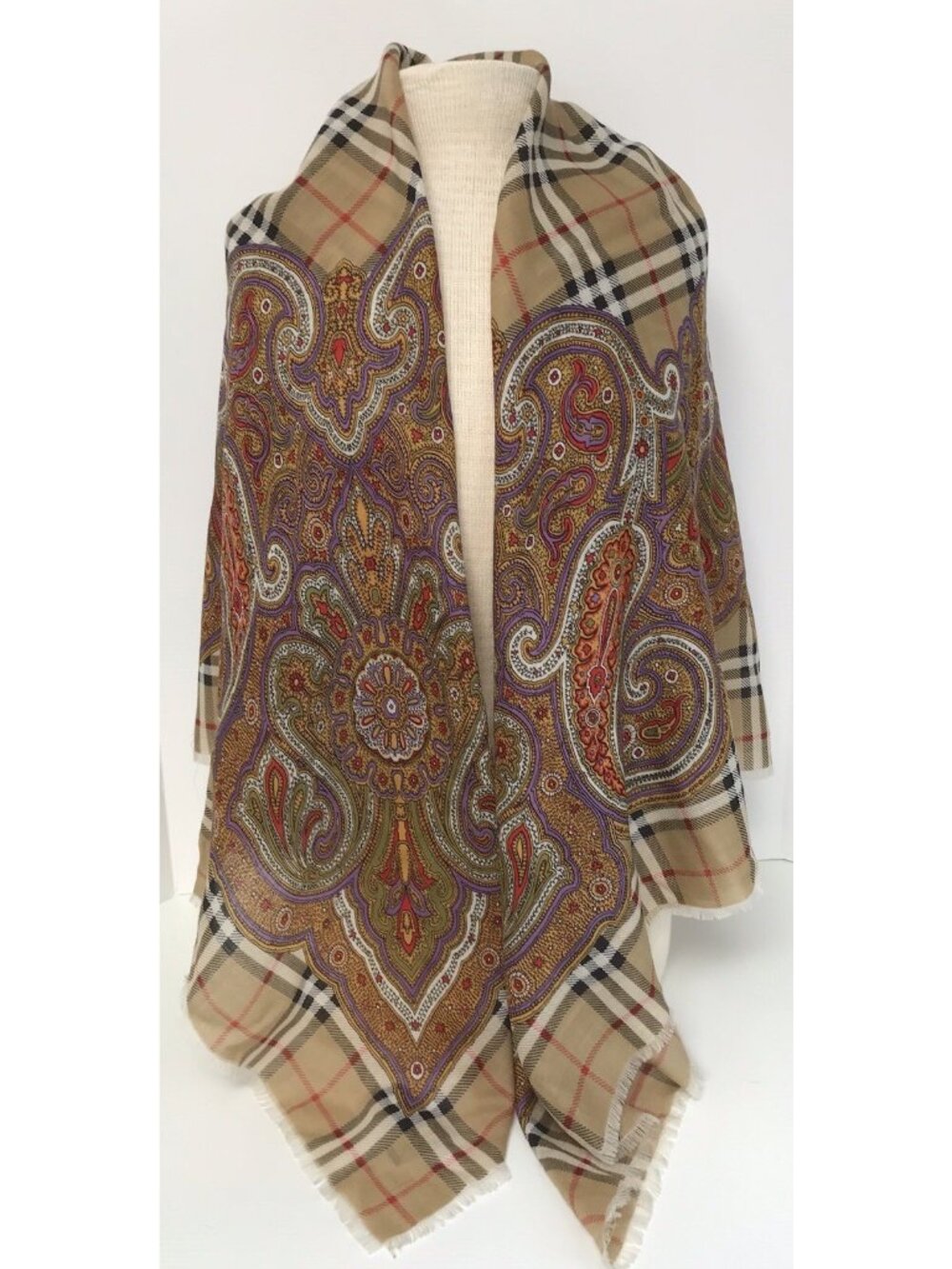 Vintage Burberrys of London Nova Check Paisley Design Wool Scarf Large 53" x 53"